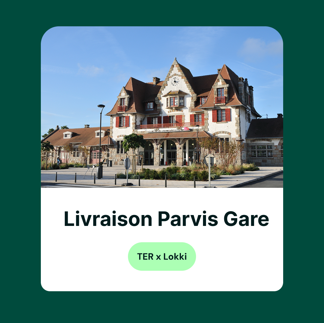 Carte produit « Livraison Parvis Gare » TER × Lokki, avec la photo de la gare